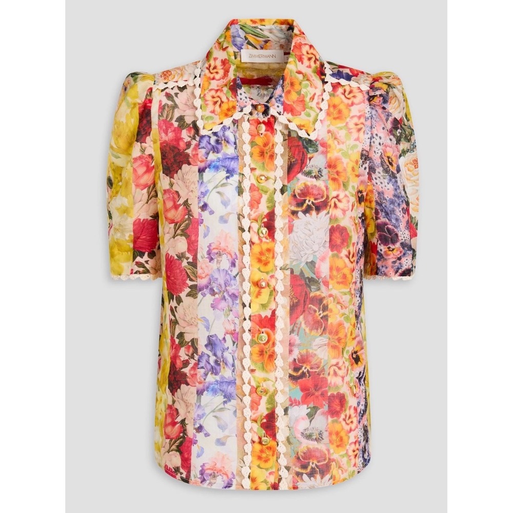 Zimmermann Raffia Trimmed Floral Ramie Shirt Yellow Multi Size 3/ Large/ US 10